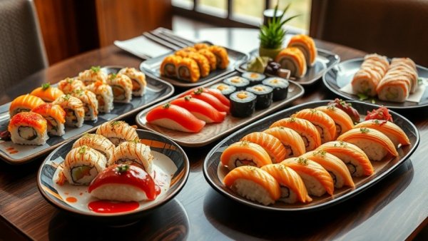 Vibrant sushi assortment in Galveston with text overlay.