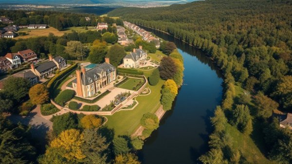 Aerial view of luxury houses by the river in The Woodlands.