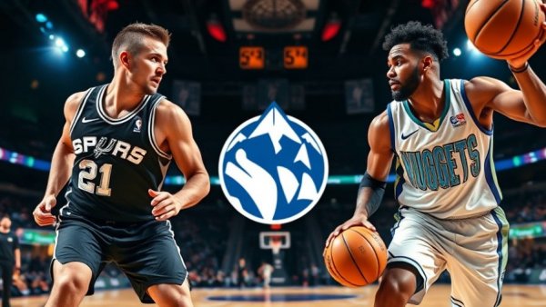 Spurs and Nuggets players in action with team logos during NBA Cup highlights.