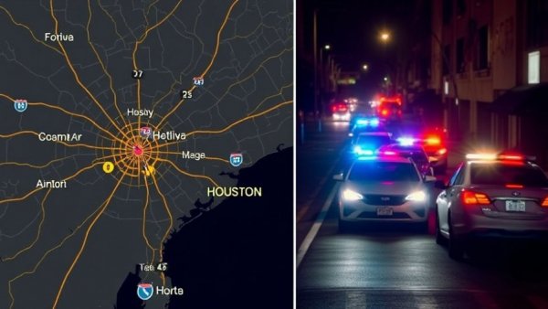 Map of Houston highways and nighttime street scene with police lights for self-defense claims in shooting incidents.