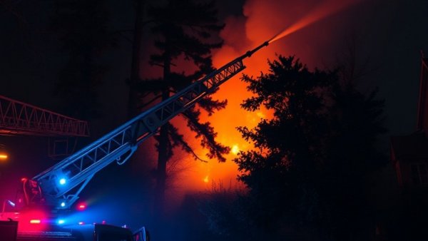 River Oaks house fire scene at night with smoky atmosphere and firefighting efforts.