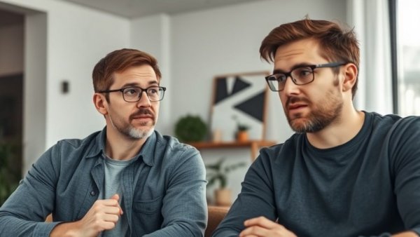 Casual video call discussion with two men.