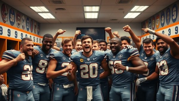 Professional football players celebrate in the locker room, Cowboys Winning Streak.