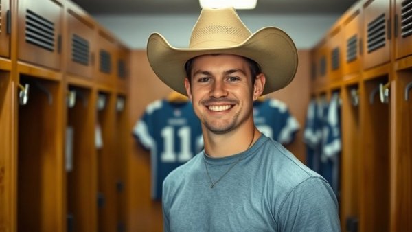 Dallas Cowboys player smiling in locker room after victory.