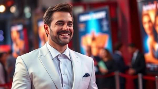 Actor at a premiere, smiling, linked to faith-based films in Hollywood.