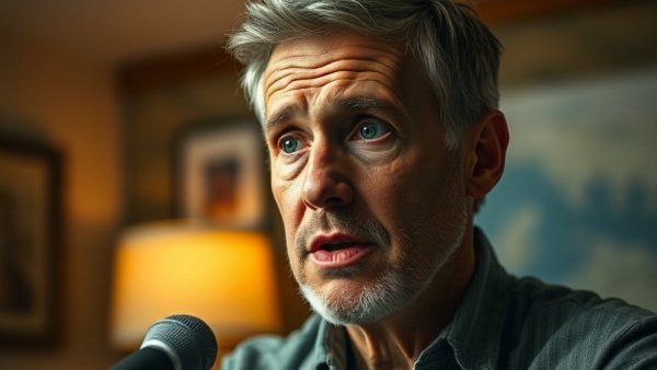 Middle-aged man speaking into microphone about benefits of drinking lemon cucumber water.