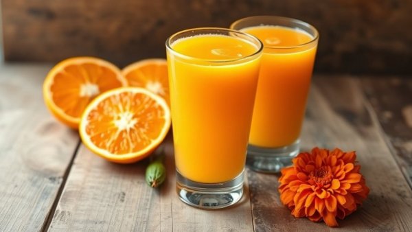 Refreshing orange juice with halved oranges promoting heart health.