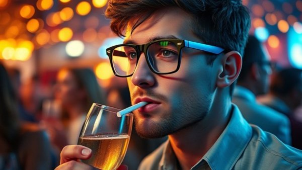 Man drinking champagne with straw at festive party, ways to drink less during the silly season.