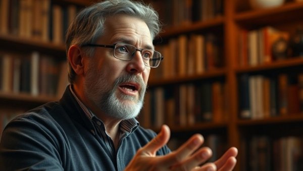 Middle-aged man discussing healthy aging nutrition in cozy library.