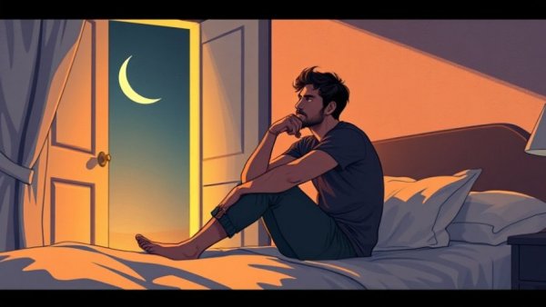 Man sitting on bed at night looking at open door, learning how to sleep through the night.