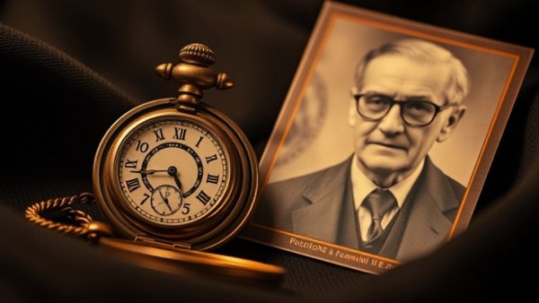 Vintage pocket watch with gears next to sepia portrait for Titanic pocket watch auction.