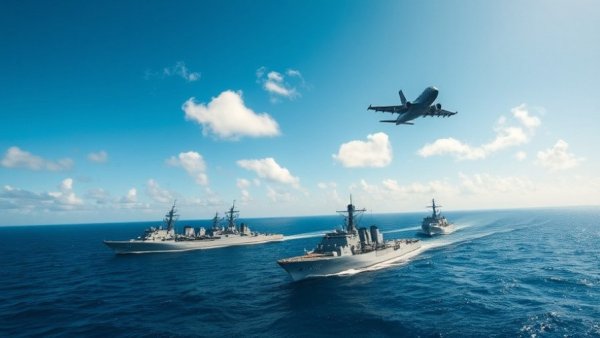 Aerial view of military formation with ships and aircraft over ocean.