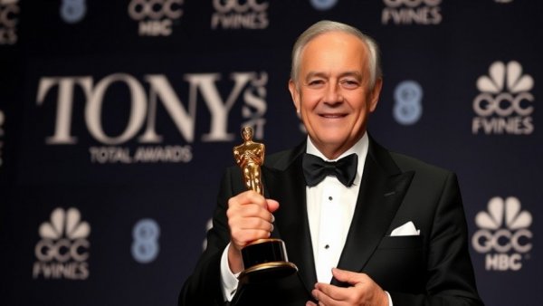 Tom Stoppard legacy: Celebrated figure holding Tony Award in tuxedo.