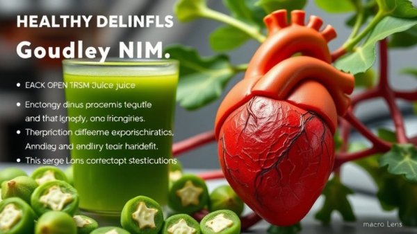 Okra juice and heart illustration highlighting okra benefits for blood sugar and heart health.