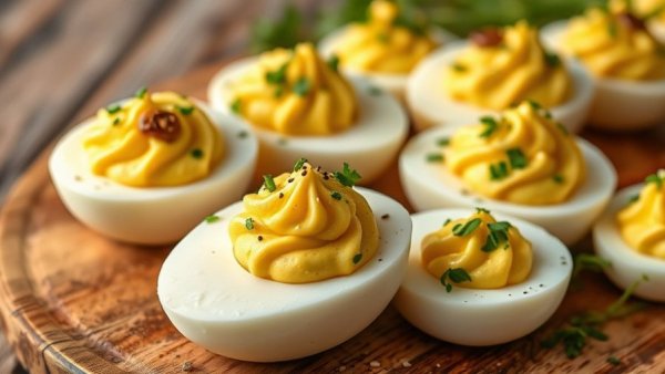 Deviled eggs on wooden board, low FODMAP diet for gut health.
