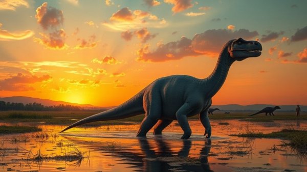 Edmontosaurus wading in prehistoric swamp at sunset, Dinosaur Hooves Edmontosaurus