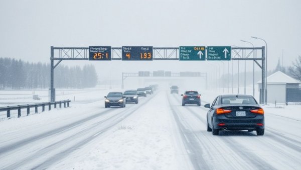 Winter storm disrupts holiday travel at snow-covered airport.