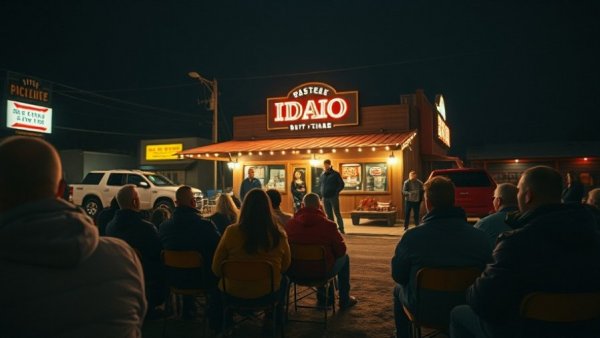 Idaho bar with neon lights seen at night, people gathered outside.