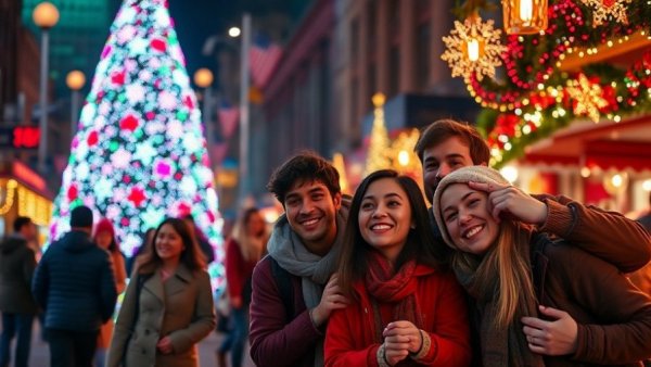 Vibrant collage of Christmas lights in Houston with families enjoying the display.