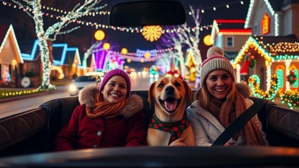 Drive through Christmas lights Houston with festive family and colorful decorations.