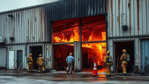 Fire-damaged building at Concan Fire Department being inspected by firefighters.