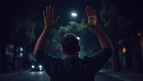 Man with raised hands during San Antonio barricade incident at night.