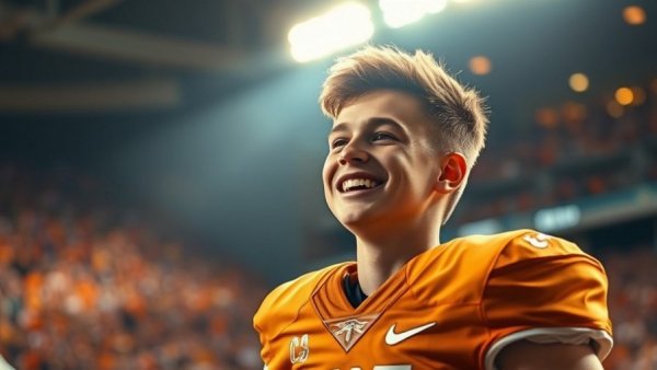 Young football player in Texas uniform under stadium lights, Texas Longhorns playoff controversy.