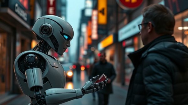 Futuristic robot exchange amidst neon city lights in a future run by robots.