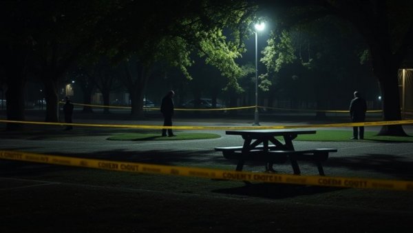 Dimly lit outdoor scene of Houston block party gun violence investigation.