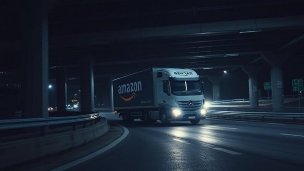 Amazon truck turning under overpass at night
