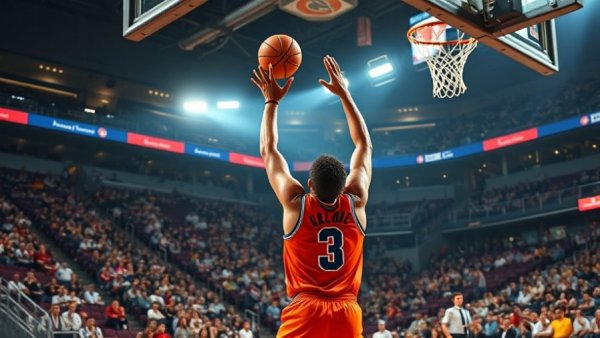 Dynamic NBA basketball action, player shooting over defender, arena packed.