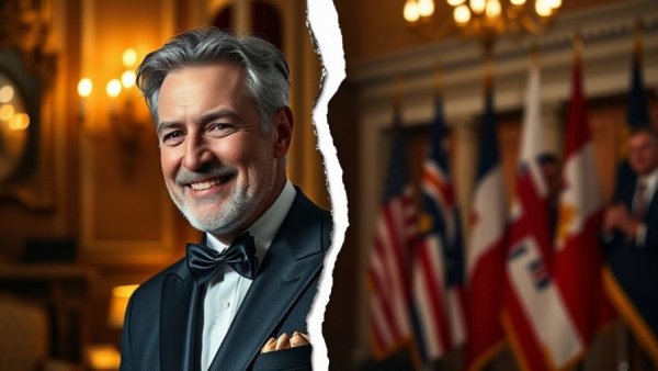 Split image of two distinguished men in formal settings, dramatic contrast.