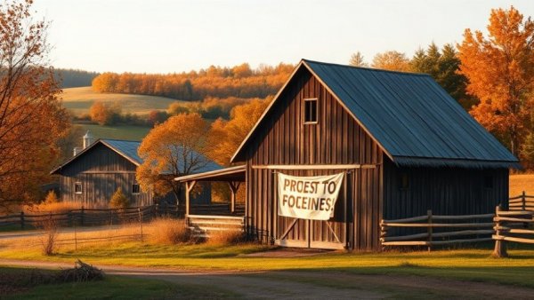 Rustic barn with protest sign against data centers in rural setting.