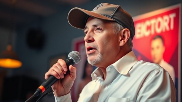 Middle-aged man at event speaking into microphone discussing Texas news today.