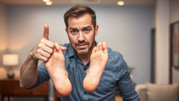 A man points at swollen ankles with a warning sign about leg health.