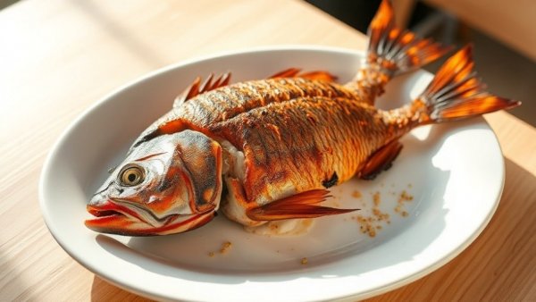 Grilled fish with visible bones on plate, wood table setting