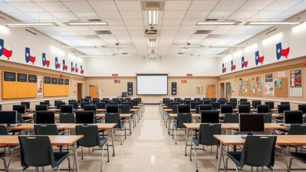 Modern classroom setup in Texas high school with computers.