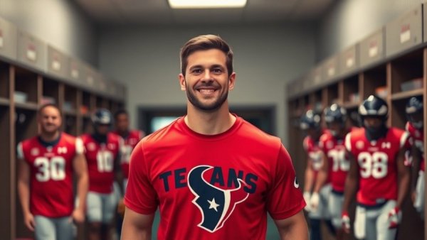 Houston Texans Victory Insights: Man in red shirt smiling confidently.