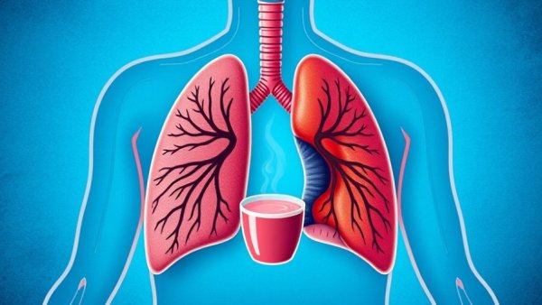 Anatomical diagram showing lungs with mucus and a cup, educational