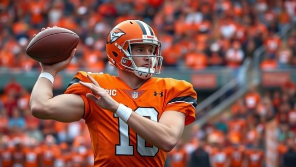 Focused football player in orange jersey preparing pass in crowded stadium.