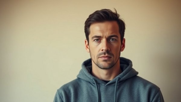 Serious man in hoodie against beige wall related to crime rates in USA.