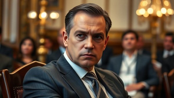 Formal suited man at event with serious expression, indoor lighting.