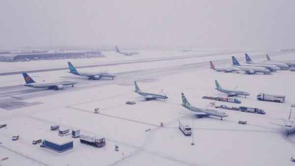 Breaking US News on Winter Storm Impacts: Snow-covered airport and grounded planes.