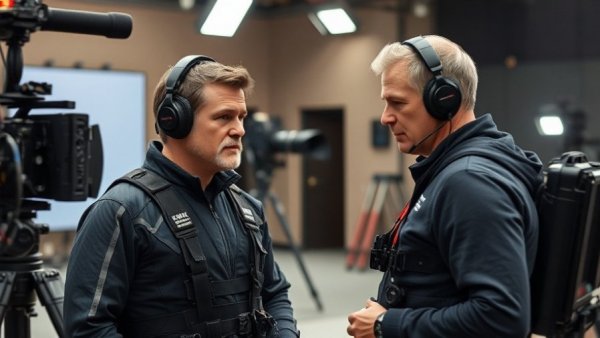 Director guiding actor in motion capture suit on film set, focused expression.