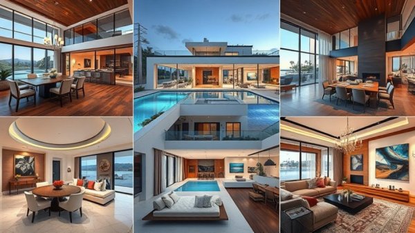 Celebrity home design collage featured in Architectural Digest, showcasing luxurious interiors.