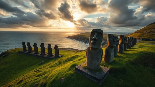 Moai statues at Easter Island green landscape, hidden network of moai carvers
