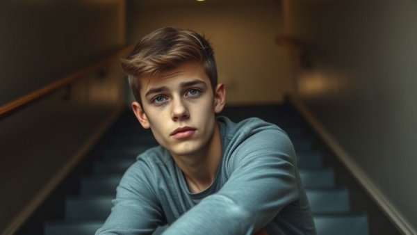 Young individual sitting thoughtfully on stairs, reflecting on Texas SNAP work requirements.