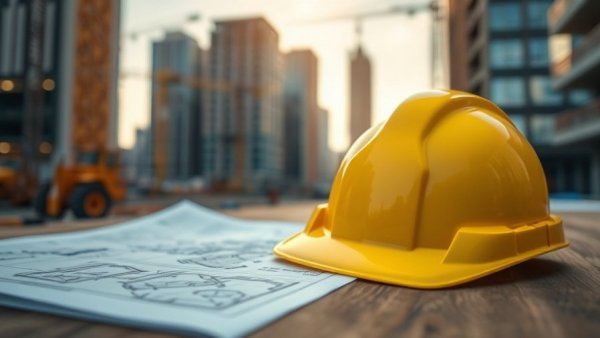 Hanover Co. industrial project Houston, yellow hardhat and blueprints.