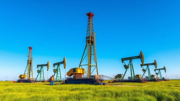 Houston energy industry oil rig and pumpjacks in a field.