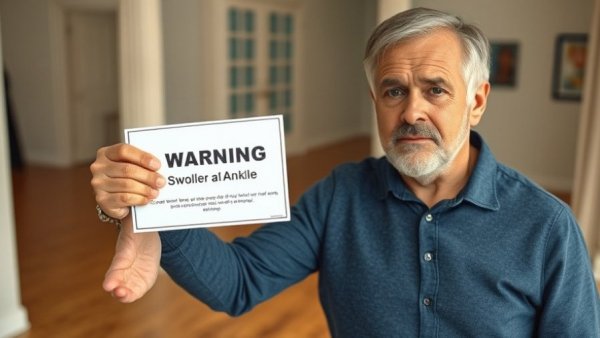 Middle-aged man pointing at swollen ankle for leg strength warning.